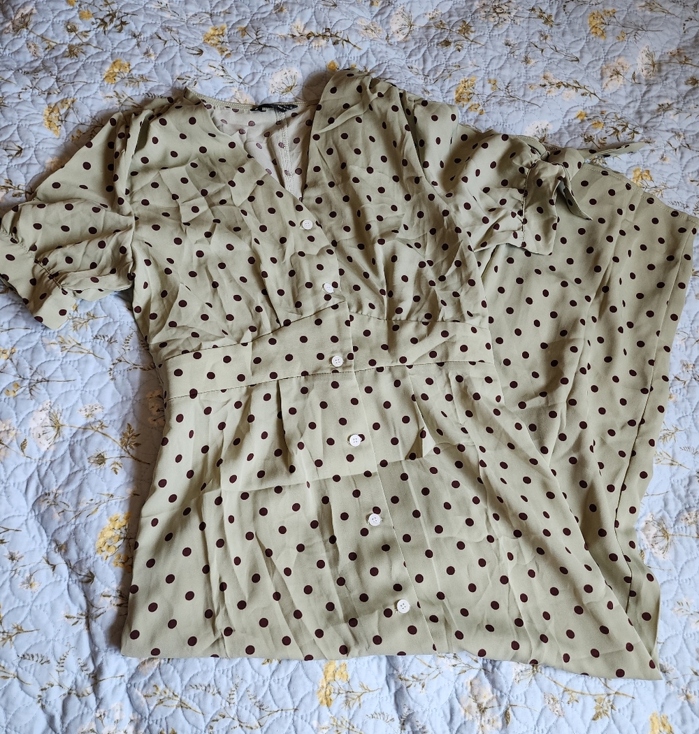 Milk Green tea polka dot dress retro style with tie bow sleeves and button Front